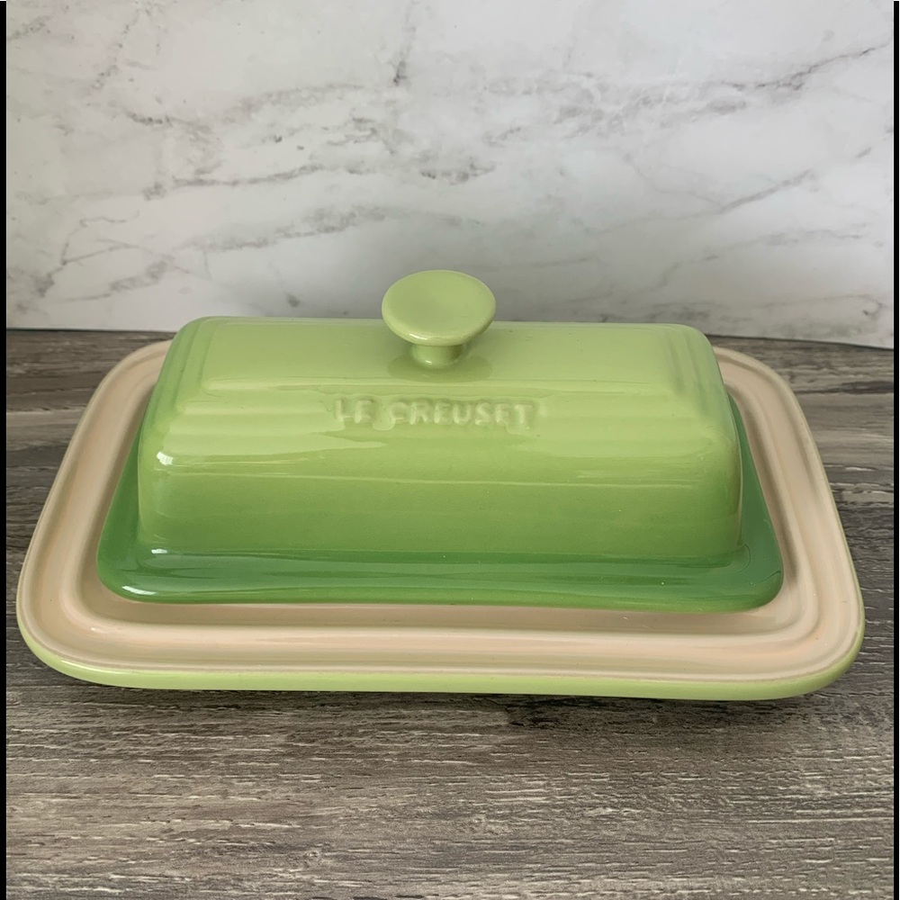 Le Creuset Green and Cream Ceramic Butter Dish